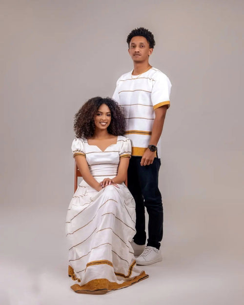 AKSUMAWIT STYLISH STRIPED HABESHA COUPLE OUTFIT | MODERN ETHIOPIAN DRESS SET | MATCHING SET