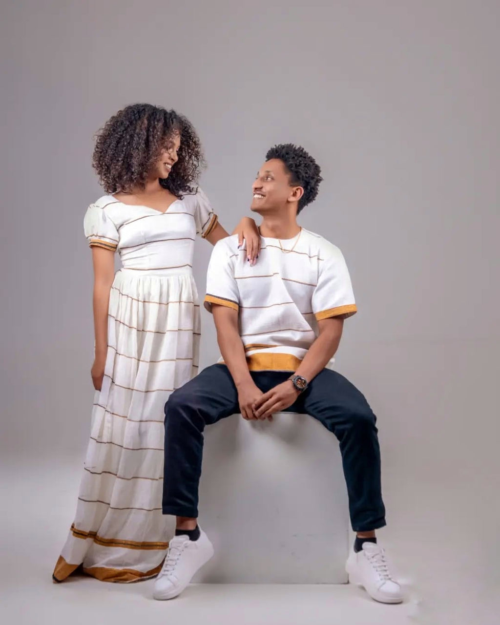 AKSUMAWIT STYLISH STRIPED HABESHA COUPLE OUTFIT | MODERN ETHIOPIAN DRESS SET | MATCHING SET
