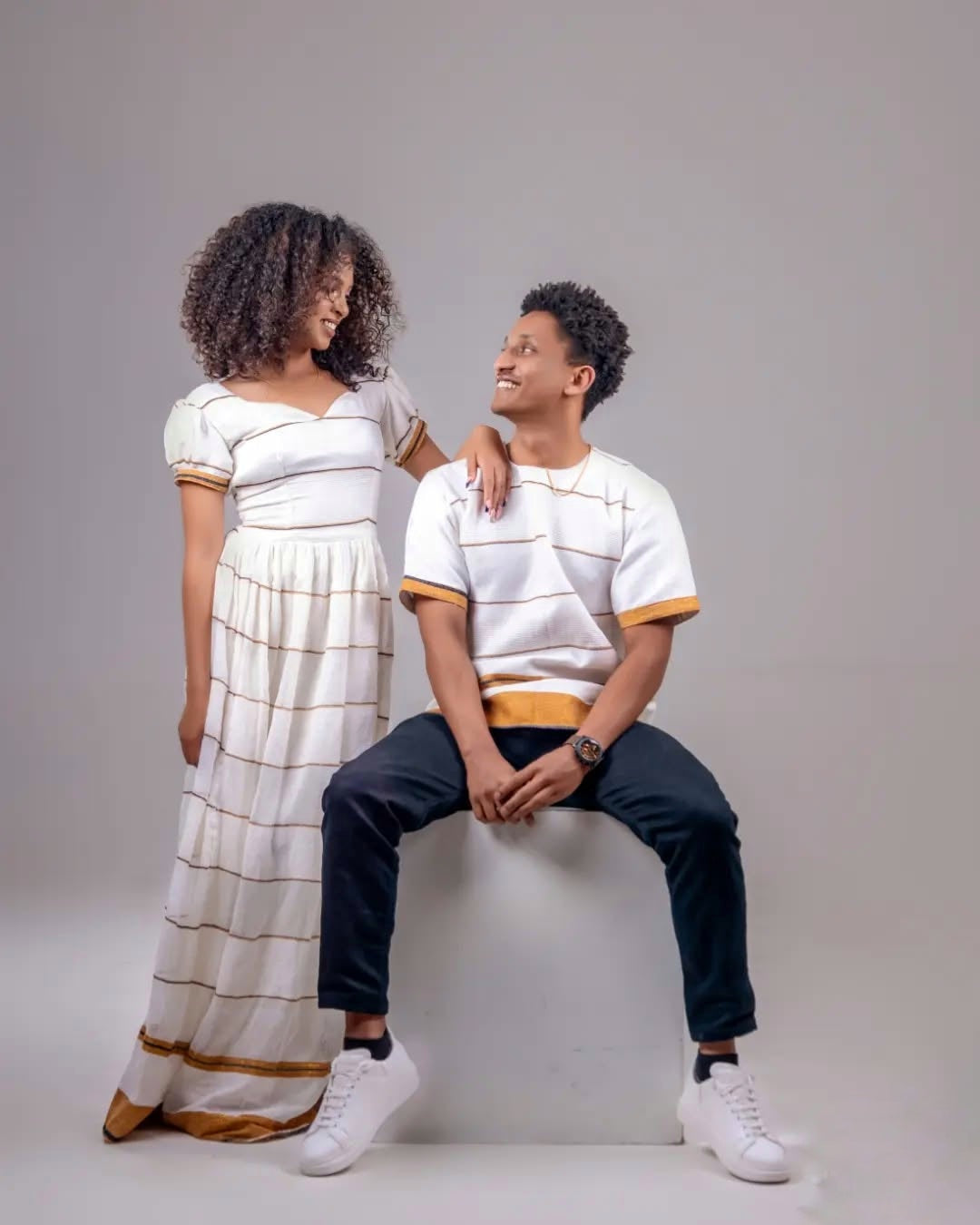 AKSUMAWIT STYLISH STRIPED HABESHA COUPLE OUTFIT | MODERN ETHIOPIAN DRESS SET | MATCHING SET