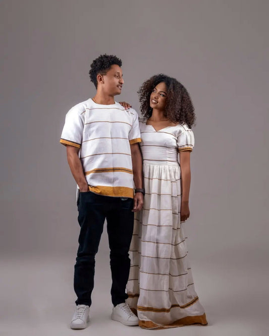 STYLISH STRIPED HABESHA COUPLE OUTFIT – MODERN ETHIOPIAN DRESS SET