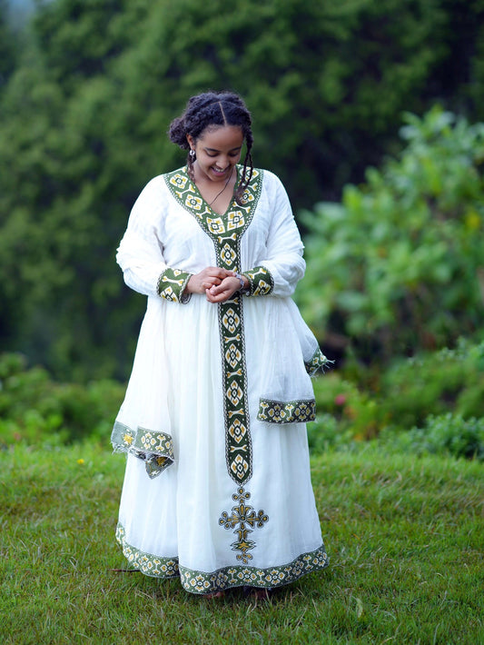 GREEN & GOLD EMBROIDERED HABESHA DRESS – LUXURIOUS TRADITIONAL ETHIOPIAN CLOTH