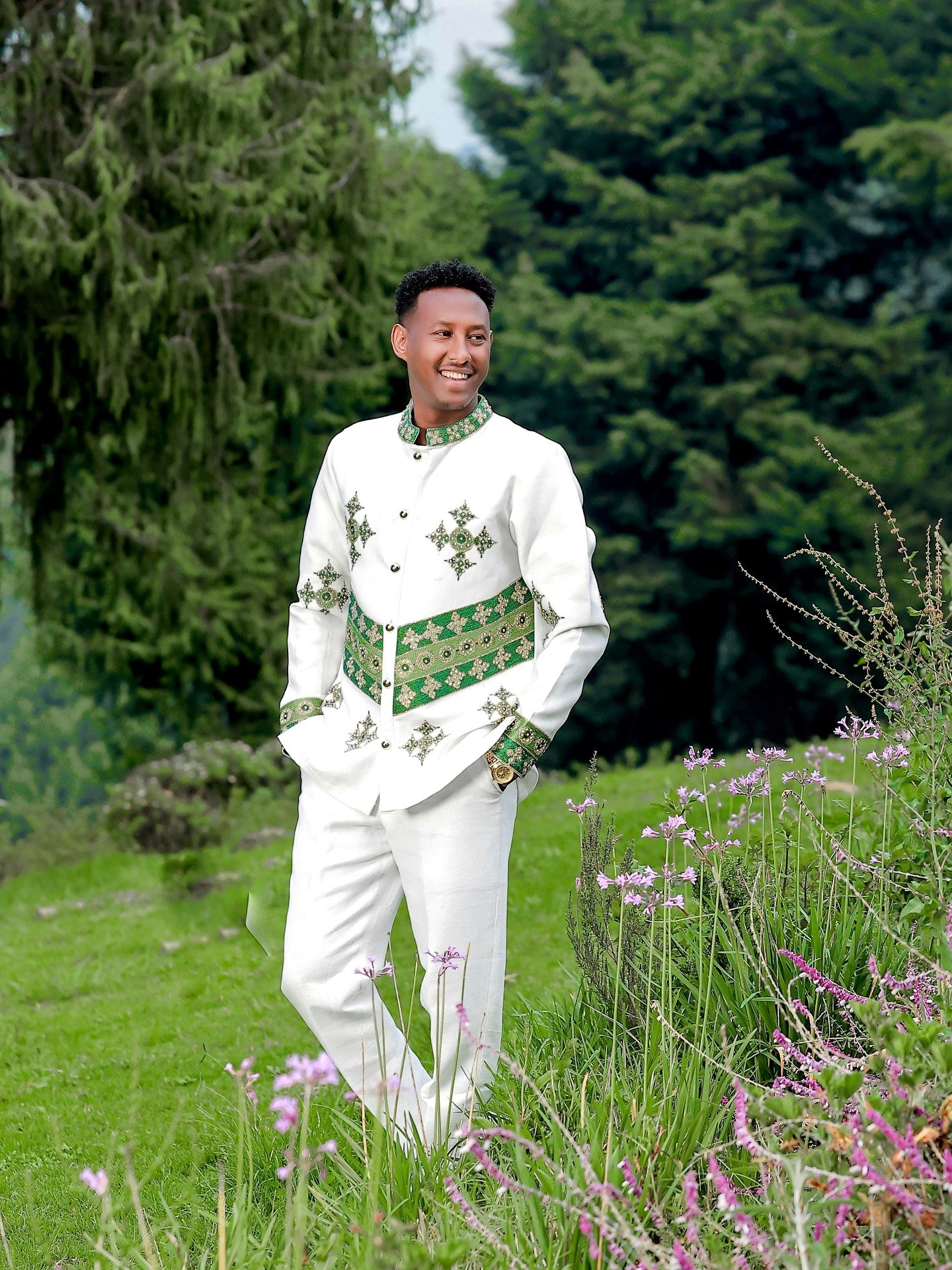 MEN’S HABESHA TRADITIONAL SUIT WITH GREEN EMBROIDERY AND PANTS