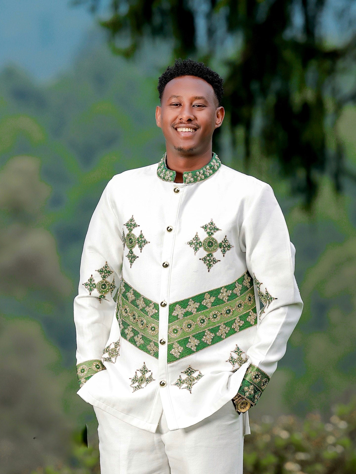 BINIYAM MEN’S HABESHA TRADITIONAL SUIT | GREEN EMBROIDERY ETHIOPIAN CLOTH | HABESHA MEN'S SUIT