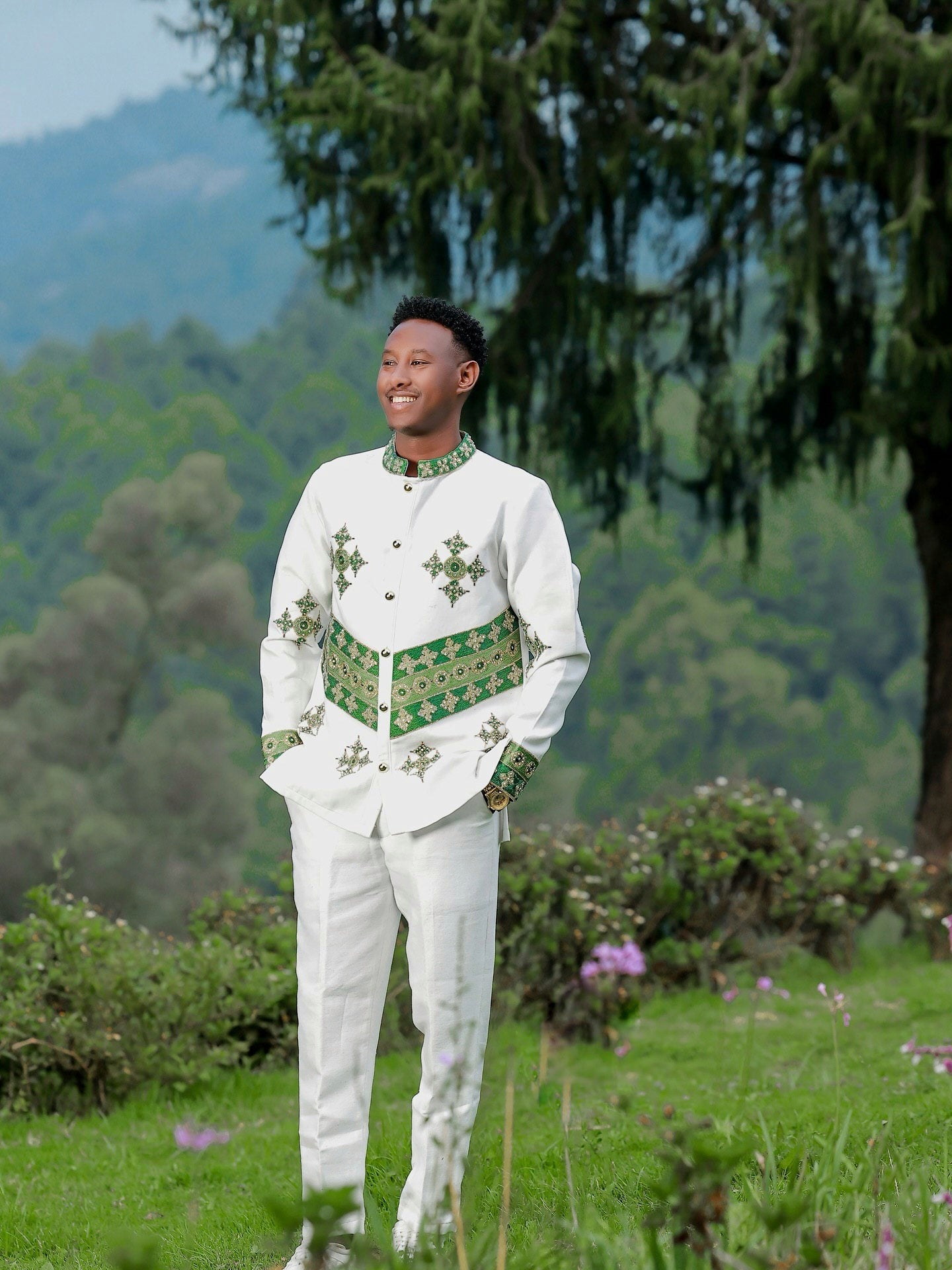 BINIYAM MEN’S HABESHA TRADITIONAL SUIT | GREEN EMBROIDERY ETHIOPIAN CLOTH | HABESHA MEN'S SUIT