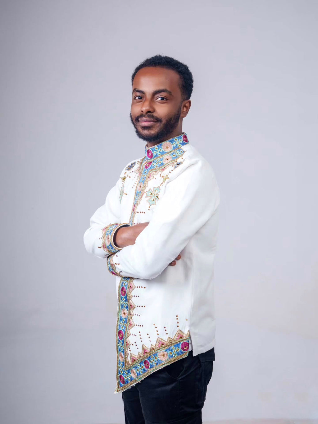 ALULA MEN’S HABESHA SHIRT | MULTICOLOR EMBROIDERY TRADITIONAL ETHIOPIAN ATTIRE | ETHIOPIAN CULTURAL WEAR