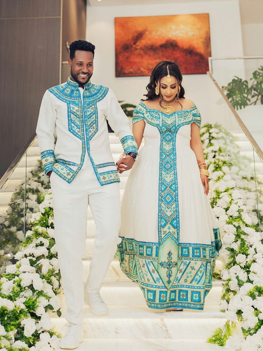 ETHIOPIAN COUPLE OUTFIT | TURQUOISE EMBROIDERY MATCHING HABESHA CLOTHING | WEDDING ATTIRE
