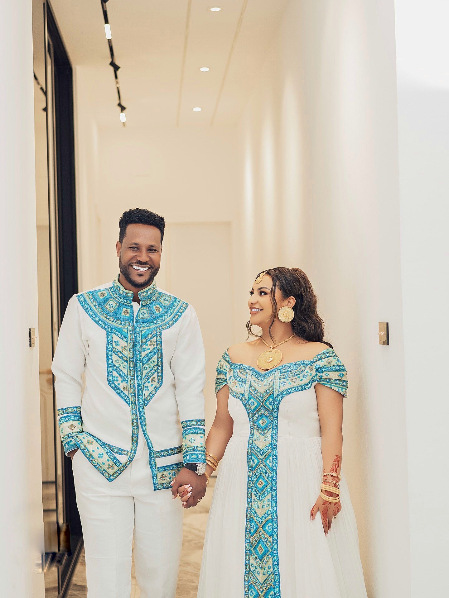 LENIZ ETHIOPIAN COUPLE OUTFIT | TURQUOISE EMBROIDERY MATCHING HABESHA CLOTHING | WEDDING ATTIRE