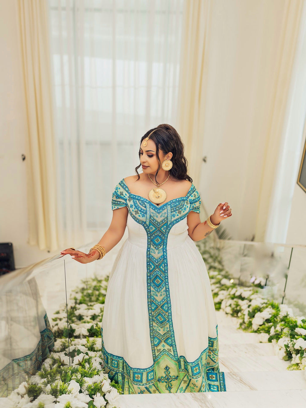 LENIZ ETHIOPIAN COUPLE OUTFIT | TURQUOISE EMBROIDERY MATCHING HABESHA CLOTHING | WEDDING ATTIRE