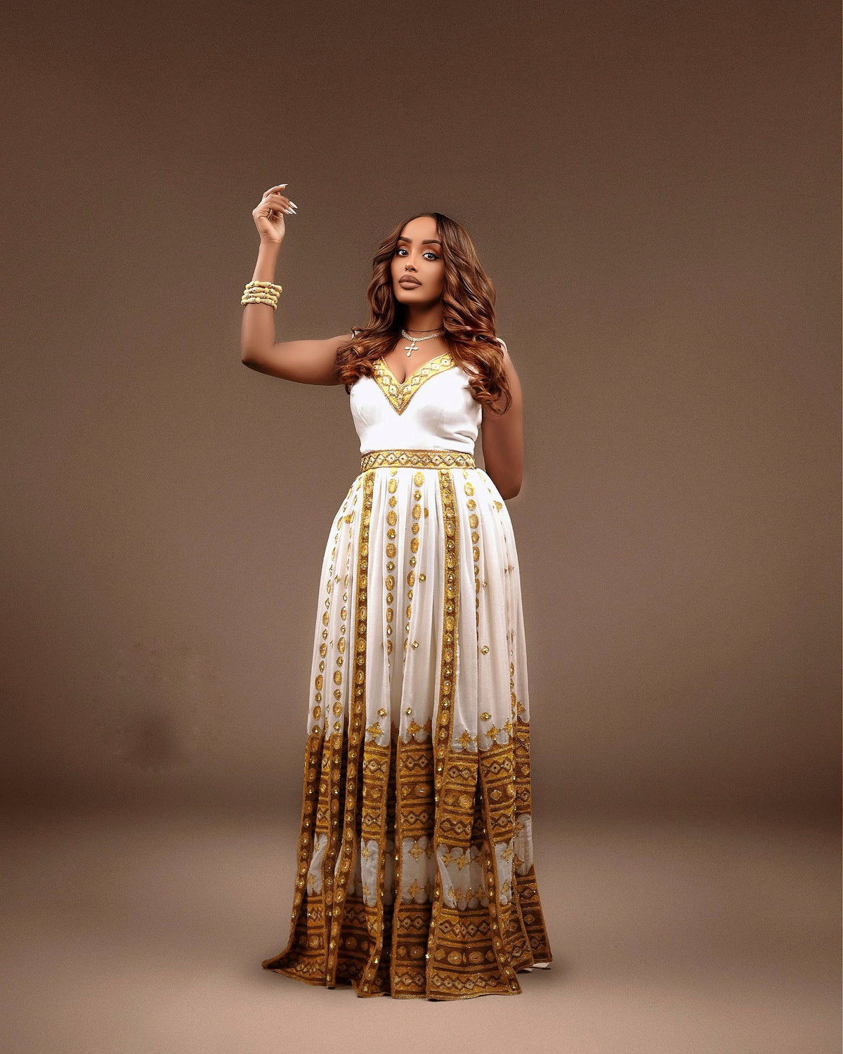 TIHUNE TRADITIONAL ETHIOPIAN WEDDING DRESS | HABESHA KEMIS WITH GOLDEN EMBROIDERY | GRACEFUL HABESHA DRESS
