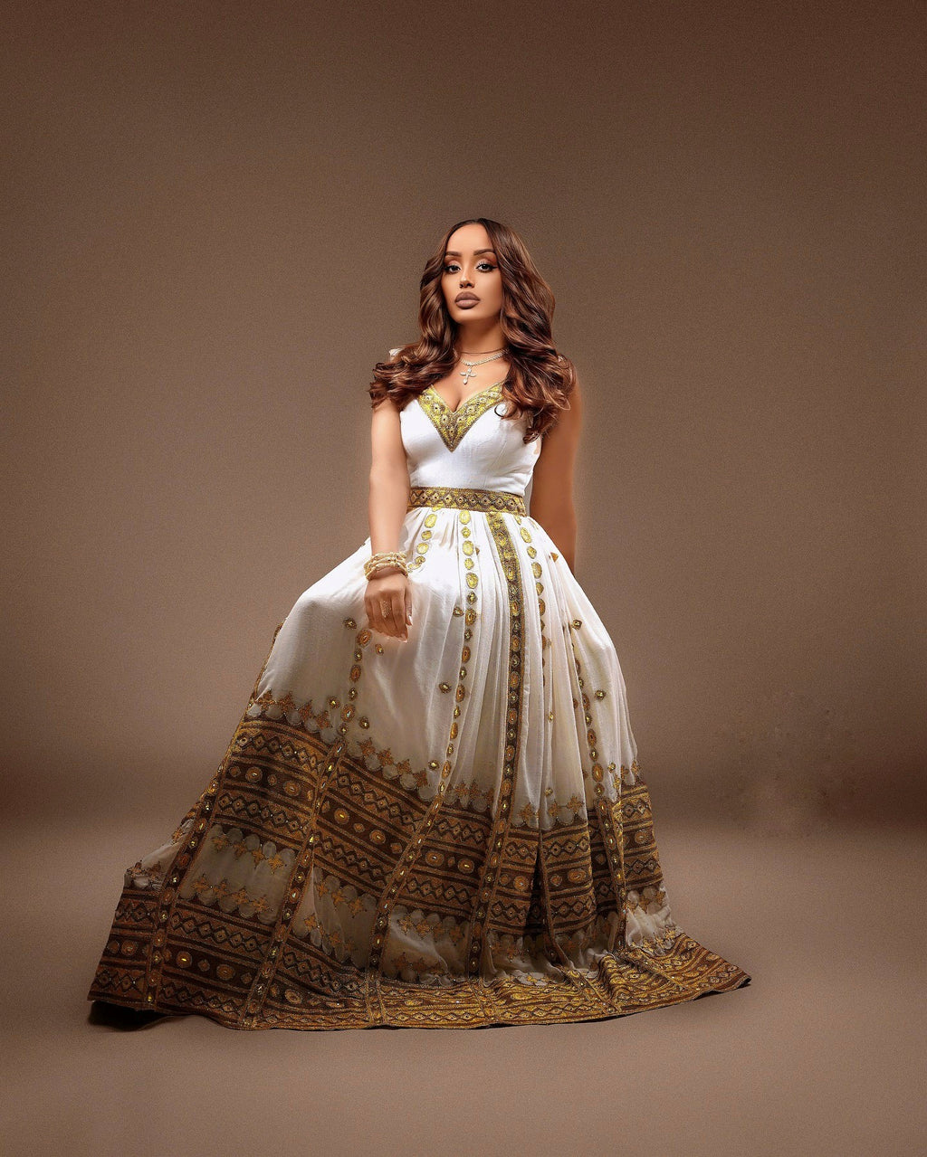 TIHUNE TRADITIONAL ETHIOPIAN WEDDING DRESS | HABESHA KEMIS WITH GOLDEN EMBROIDERY | GRACEFUL HABESHA DRESS