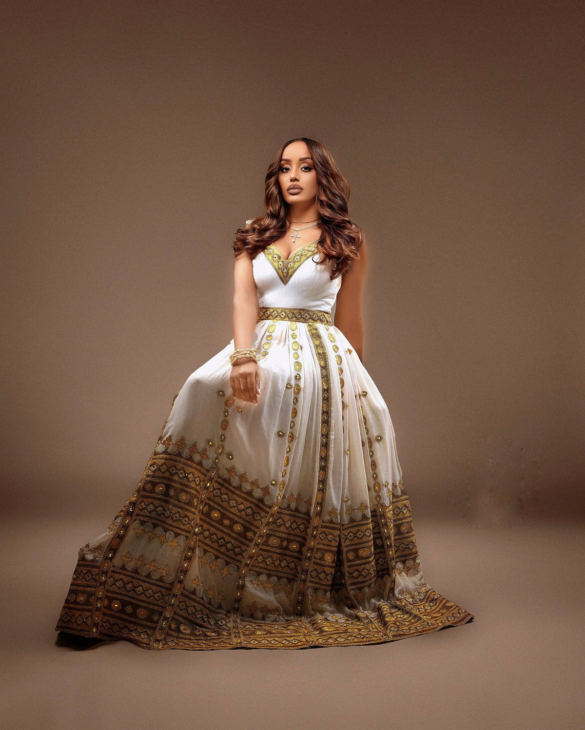 TIHUNE TRADITIONAL ETHIOPIAN WEDDING DRESS | HABESHA KEMIS WITH GOLDEN EMBROIDERY | GRACEFUL HABESHA DRESS