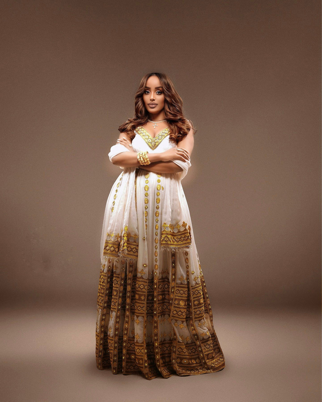 TRADITIONAL ETHIOPIAN WEDDING DRESS – HABESHA KEMIS WITH GOLDEN EMBROIDERY