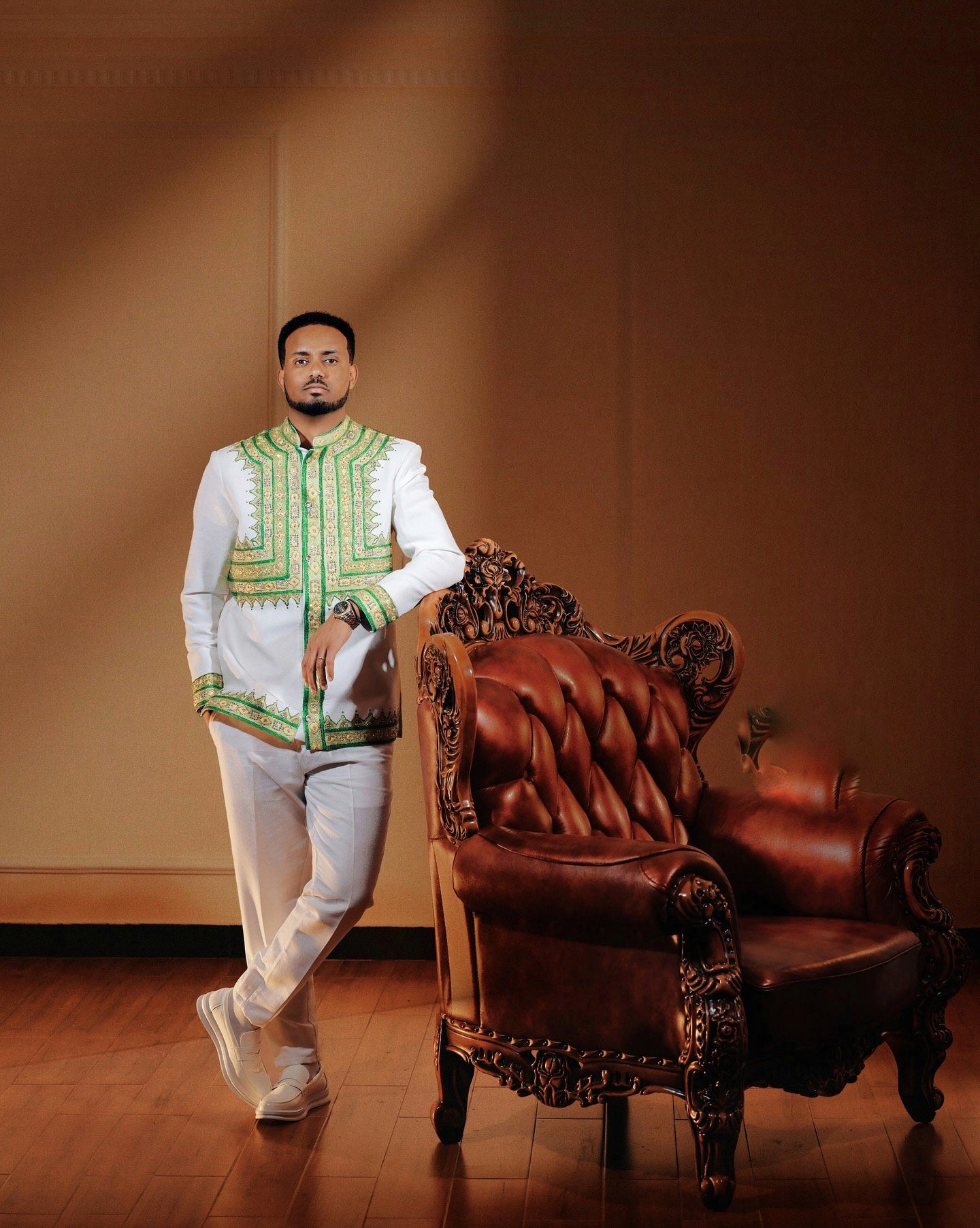 STYLISH ETHIOPIAN MEN’S OUTFIT – GREEN EMBROIDERED HABESHA CLOTHING