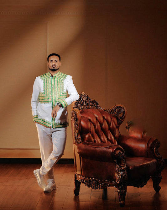 STYLISH ETHIOPIAN MEN’S OUTFIT – GREEN EMBROIDERED HABESHA CLOTHING