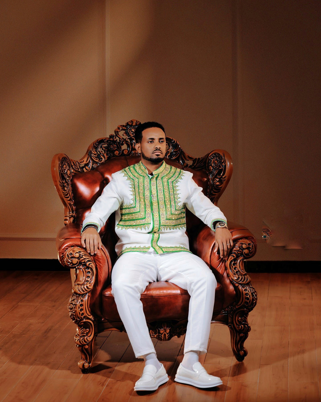 ALEMAYEW STYLISH ETHIOPIAN MEN’S OUTFIT | GREEN EMBROIDERED HABESHA CLOTHING | HABESHA MEN'S SET