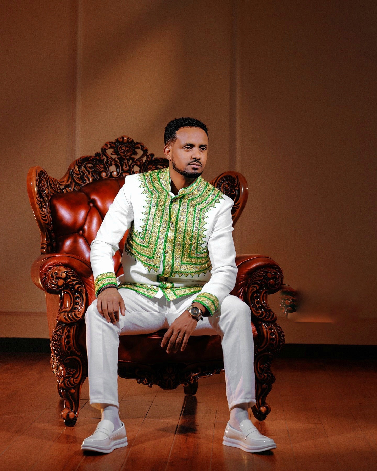 ALEMAYEW STYLISH ETHIOPIAN MEN’S OUTFIT | GREEN EMBROIDERED HABESHA CLOTHING | HABESHA MEN'S SET