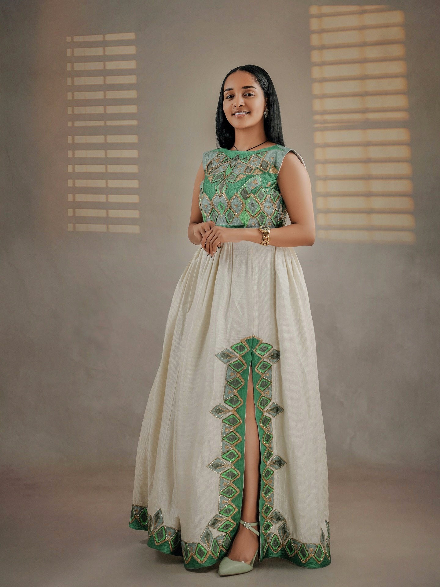 GREEN AND GOLD MODERN HABESHA DRESS | TRADITIONAL ETHIOPIAN CLOTHING & ERITREAN STYLE