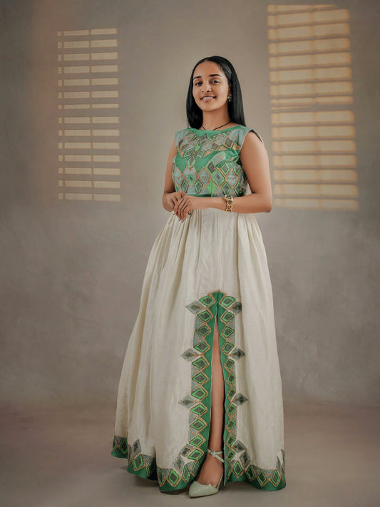 GREEN AND GOLD MODERN HABESHA DRESS | TRADITIONAL ETHIOPIAN CLOTHING & ERITREAN STYLE