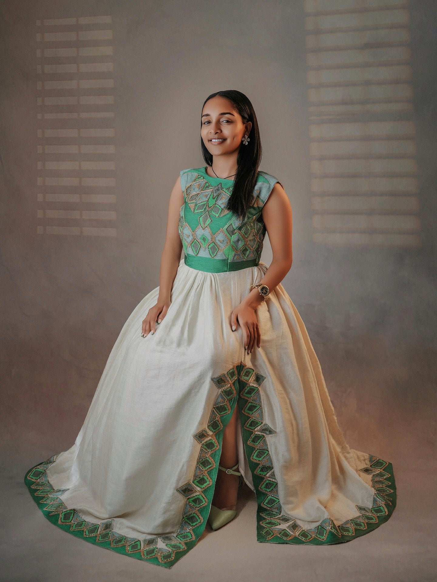 SEMEHAL GREEN AND GOLD HABESHA DRESS | TRADITIONAL ETHIOPIAN CLOTHING | ERITREAN AND HABESHA KEMIS STYLE