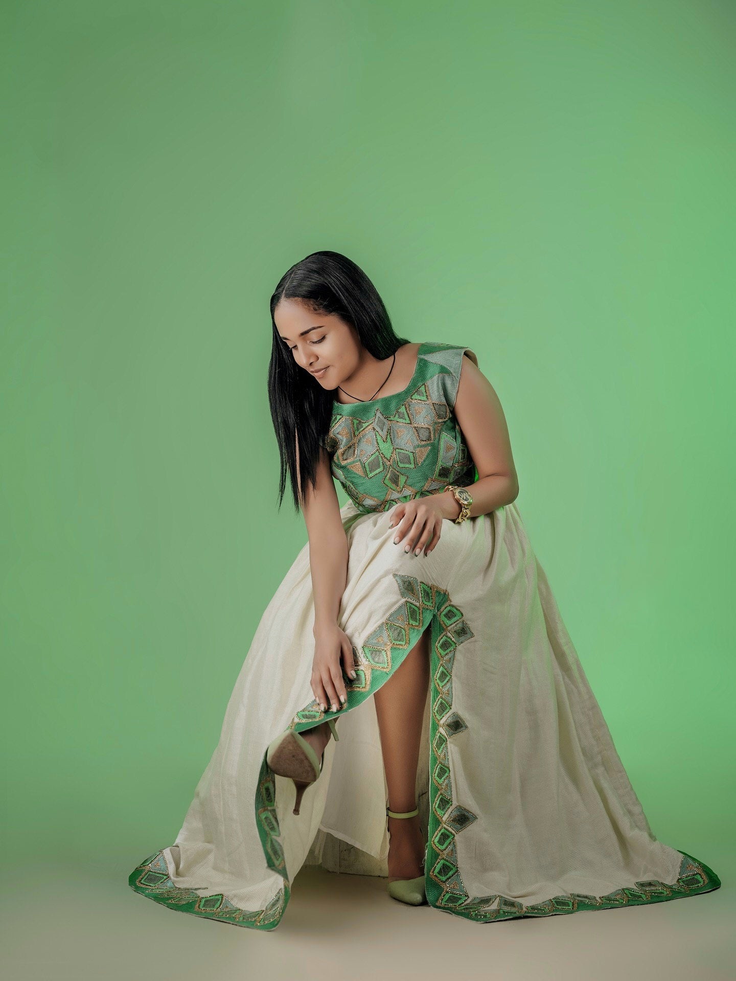 SEMEHAL GREEN AND GOLD HABESHA DRESS | TRADITIONAL ETHIOPIAN CLOTHING | ERITREAN AND HABESHA KEMIS STYLE