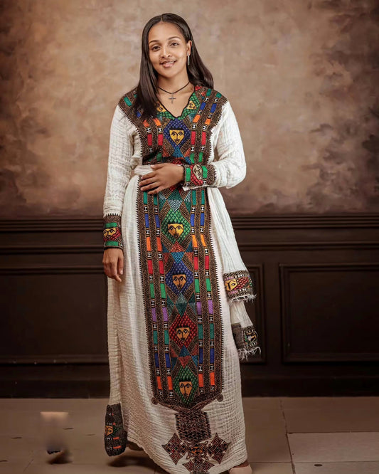 HELEN HABESHA KEMIS ELEGANCE | TRADITIONAL ETHIOPIAN CLOTHING WITH HERITAGE | MULTICOLOR HABESHA DRESS