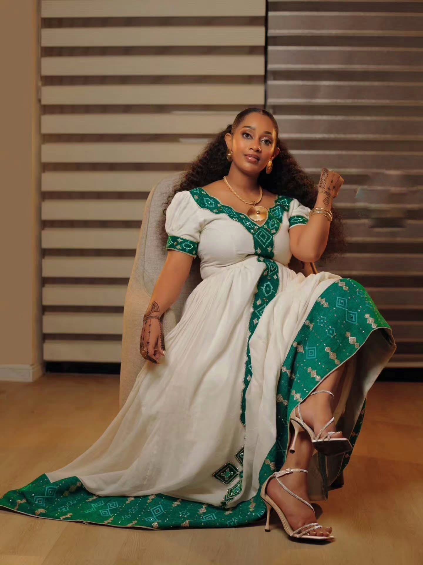 KELEMWA GREEN WOVEN PATTERN HABESHA DRESS | STYLISH HABESHA KEMIS | ETHIOPIAN CLOTHING ELEGANCE