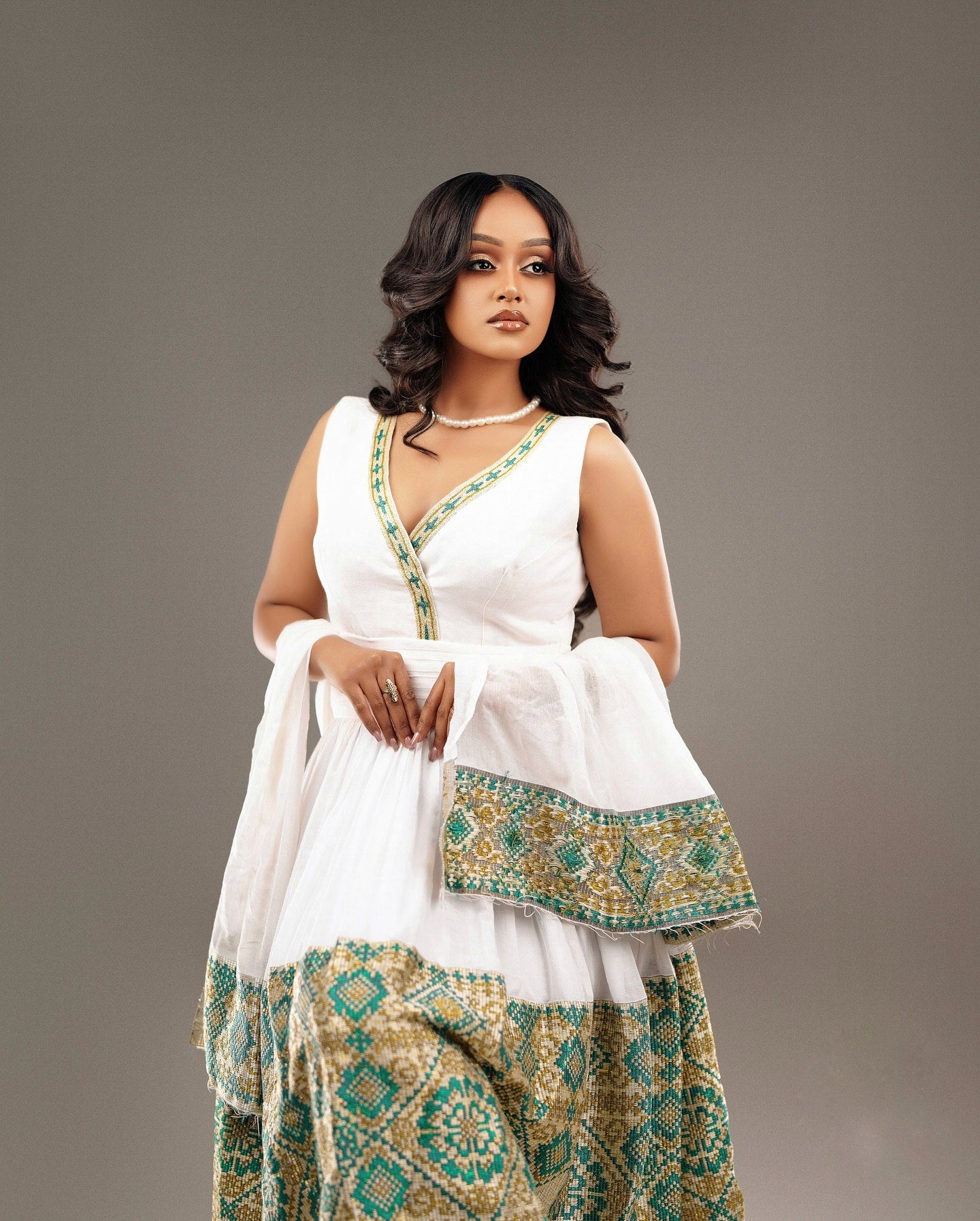 VIDA SLEEVELESS HABESHA KEMIS | GREEN & GOLD HABESHA DRESS | BEUTIFUL ETHIOPIAN DRESS