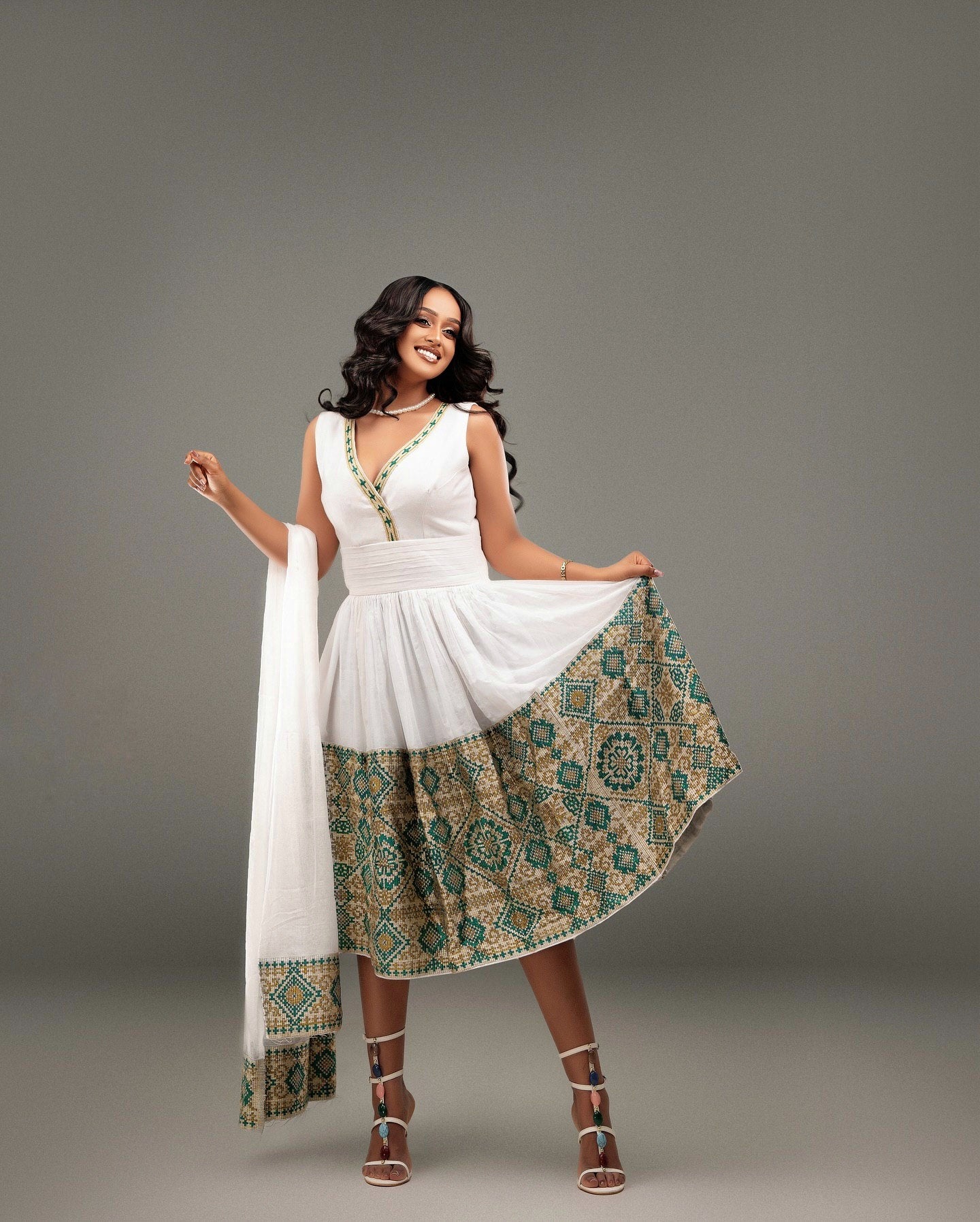 BUY HABESHA KEMIS ONLINE | GREEN & GOLD ETHIOPIAN DRESS