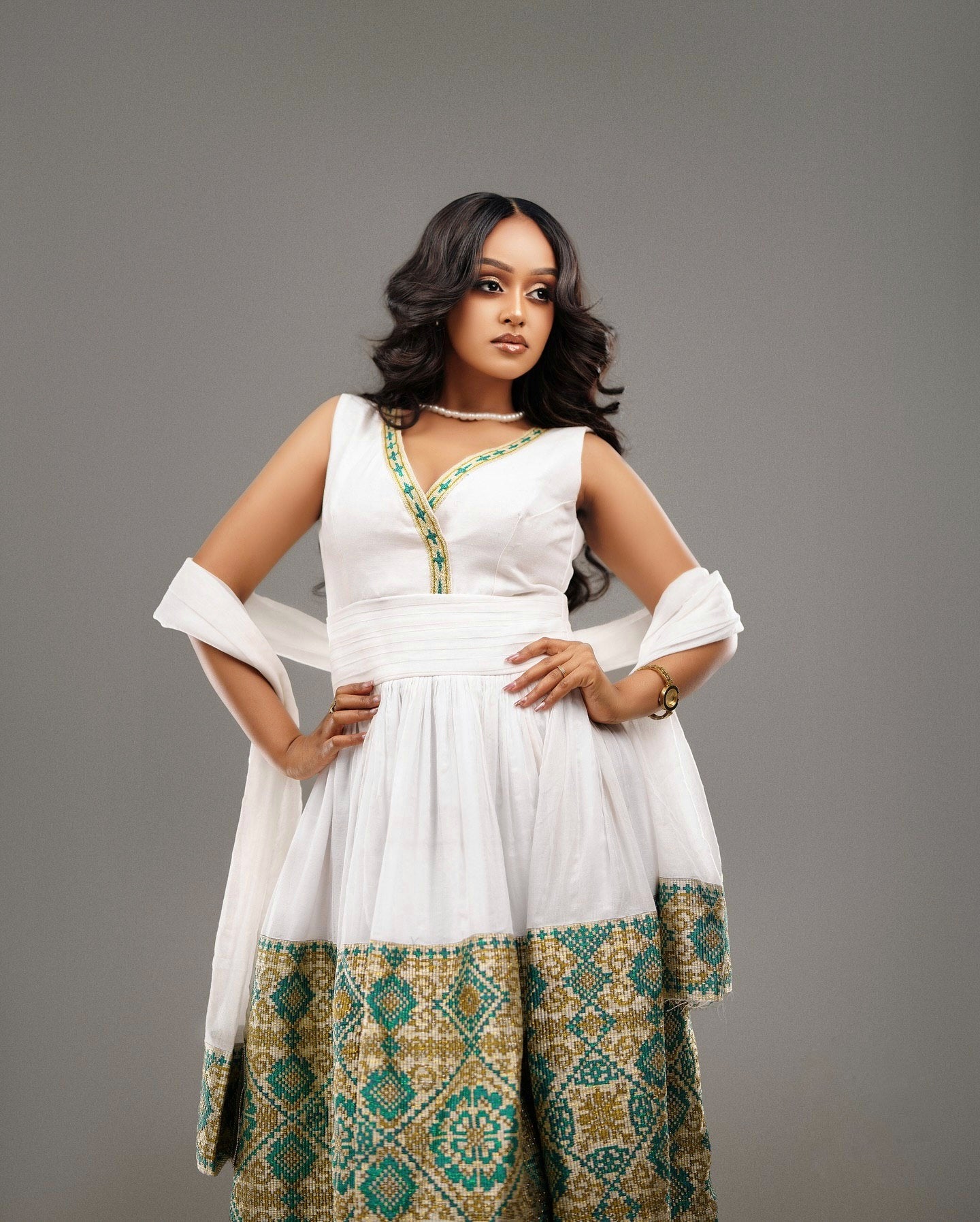 VIDA SLEEVELESS HABESHA KEMIS | GREEN & GOLD HABESHA DRESS | BEUTIFUL ETHIOPIAN DRESS