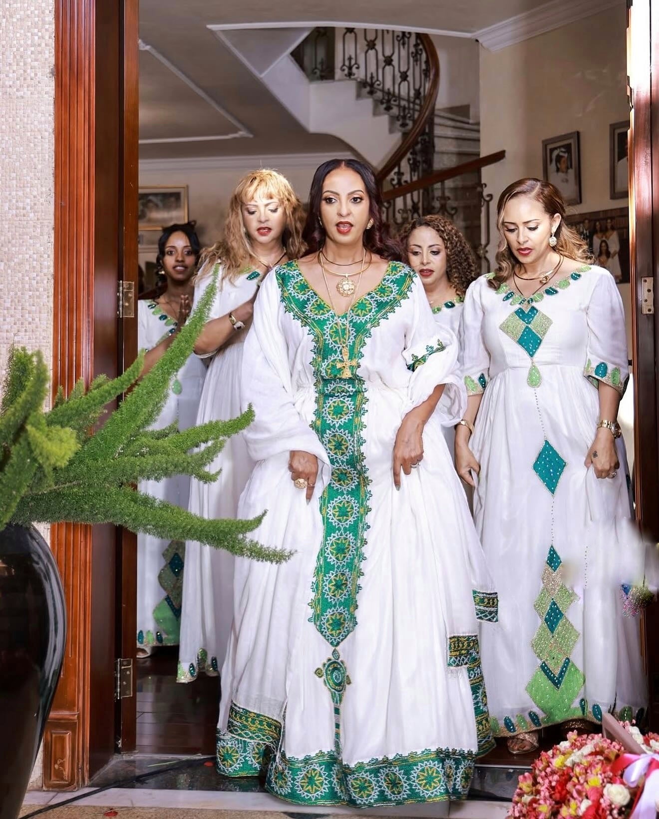 FIYORI GREEN EMBROIDERY HABESHA DRESS | HABESHA KEMIS FOR WEDDING | ETHIOPIAN WEDDING DRESS