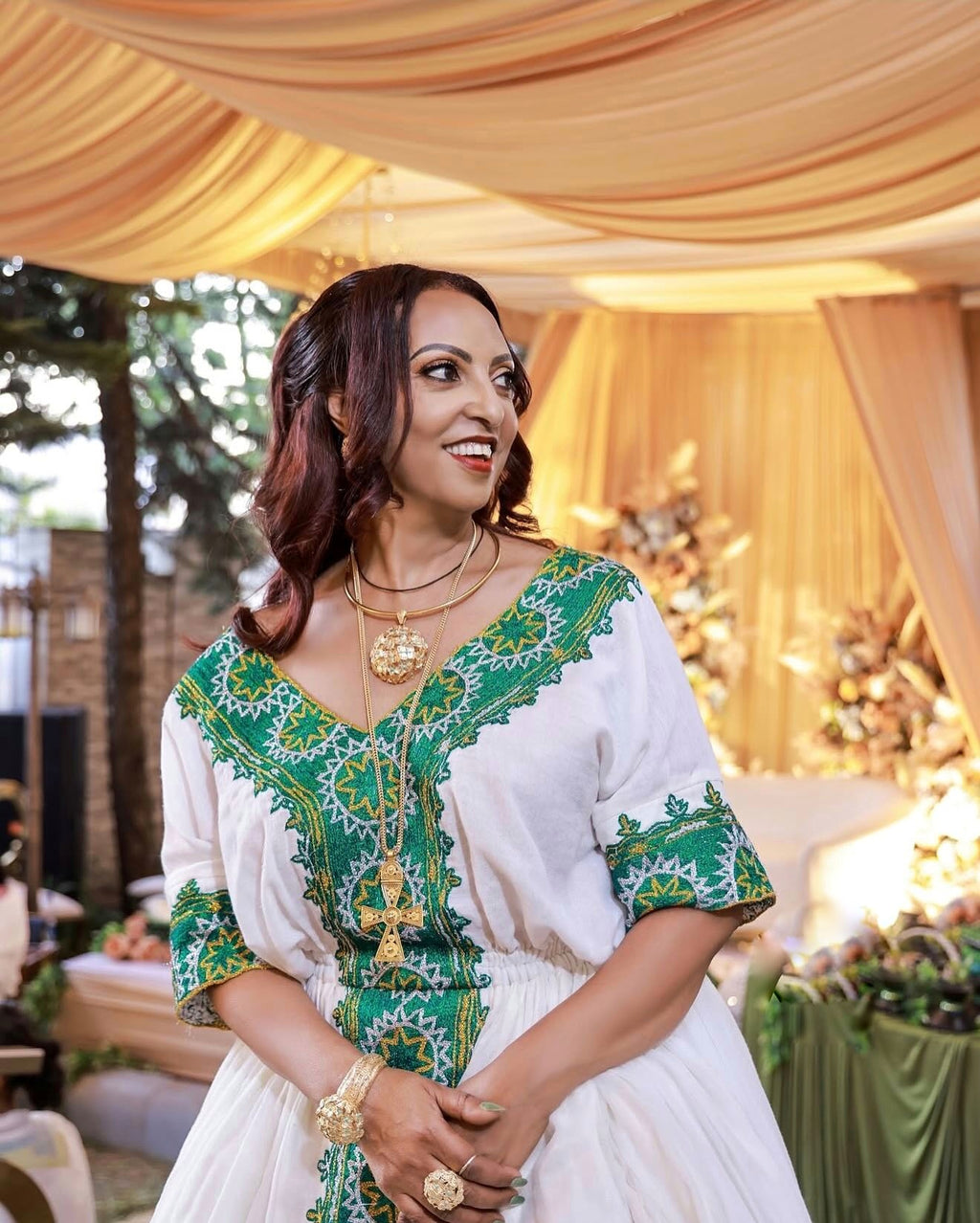 FIYORI GREEN EMBROIDERY HABESHA DRESS | HABESHA KEMIS FOR WEDDING | ETHIOPIAN WEDDING DRESS
