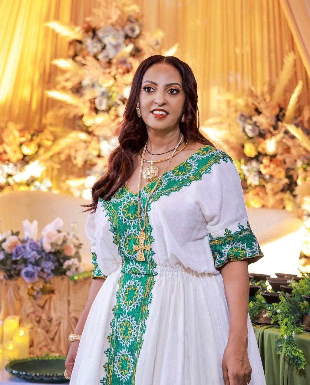 FIYORI GREEN EMBROIDERY HABESHA DRESS | HABESHA KEMIS FOR WEDDING | ETHIOPIAN WEDDING DRESS