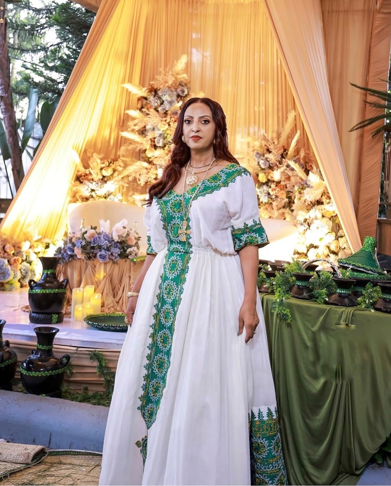 FIYORI GREEN EMBROIDERY HABESHA DRESS | HABESHA KEMIS FOR WEDDING | ETHIOPIAN WEDDING DRESS