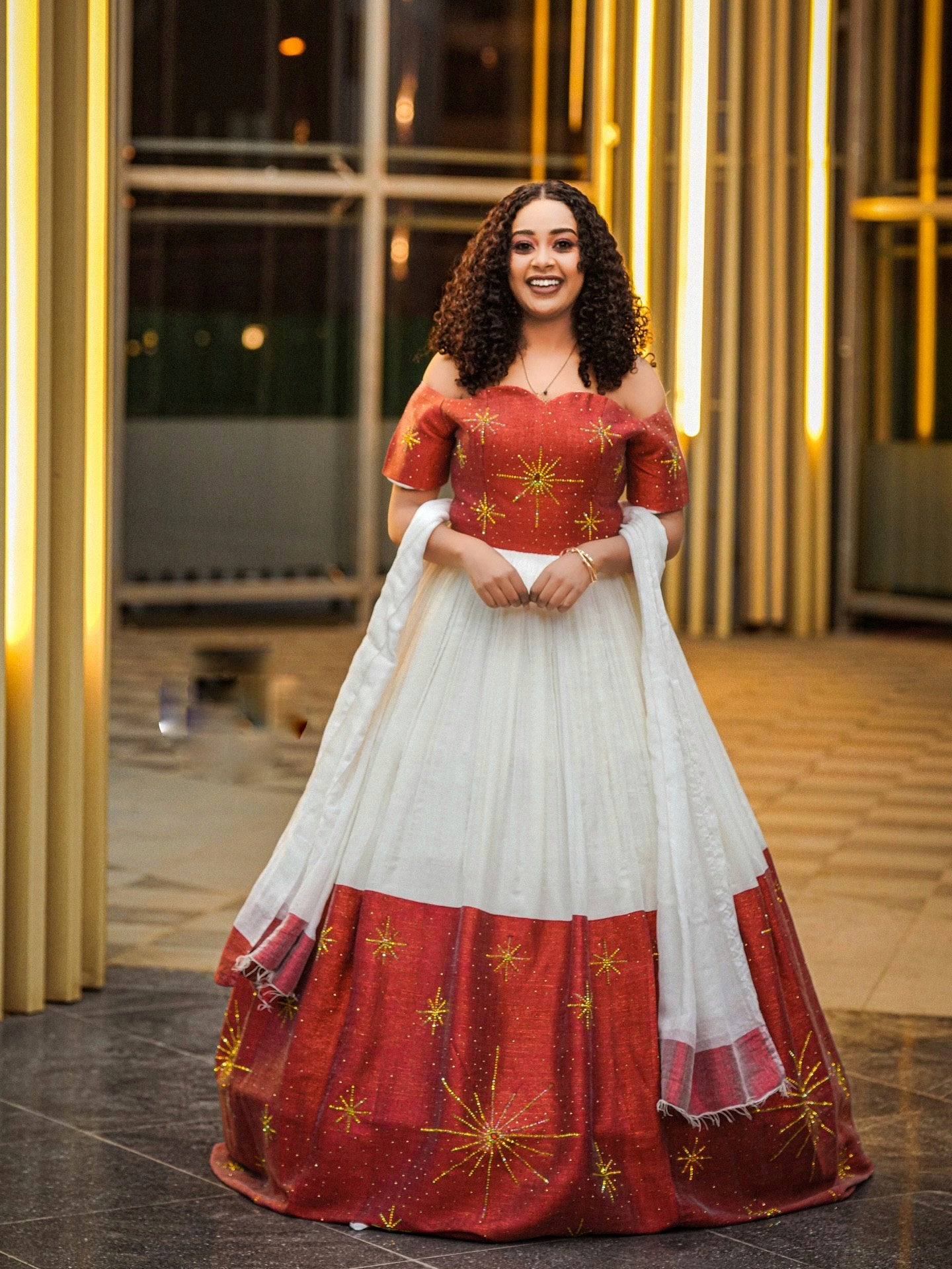 DANIELA RED-WOVEN HABESHA DRESS | OFF-SHOULDER ETHIOPIAN WEDDING DRESS | STYLISH HABESHA KEMIS