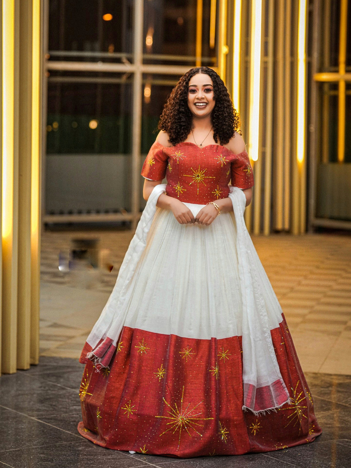 DANIELA RED-WOVEN HABESHA DRESS | OFF-SHOULDER ETHIOPIAN WEDDING DRESS | STYLISH HABESHA KEMIS