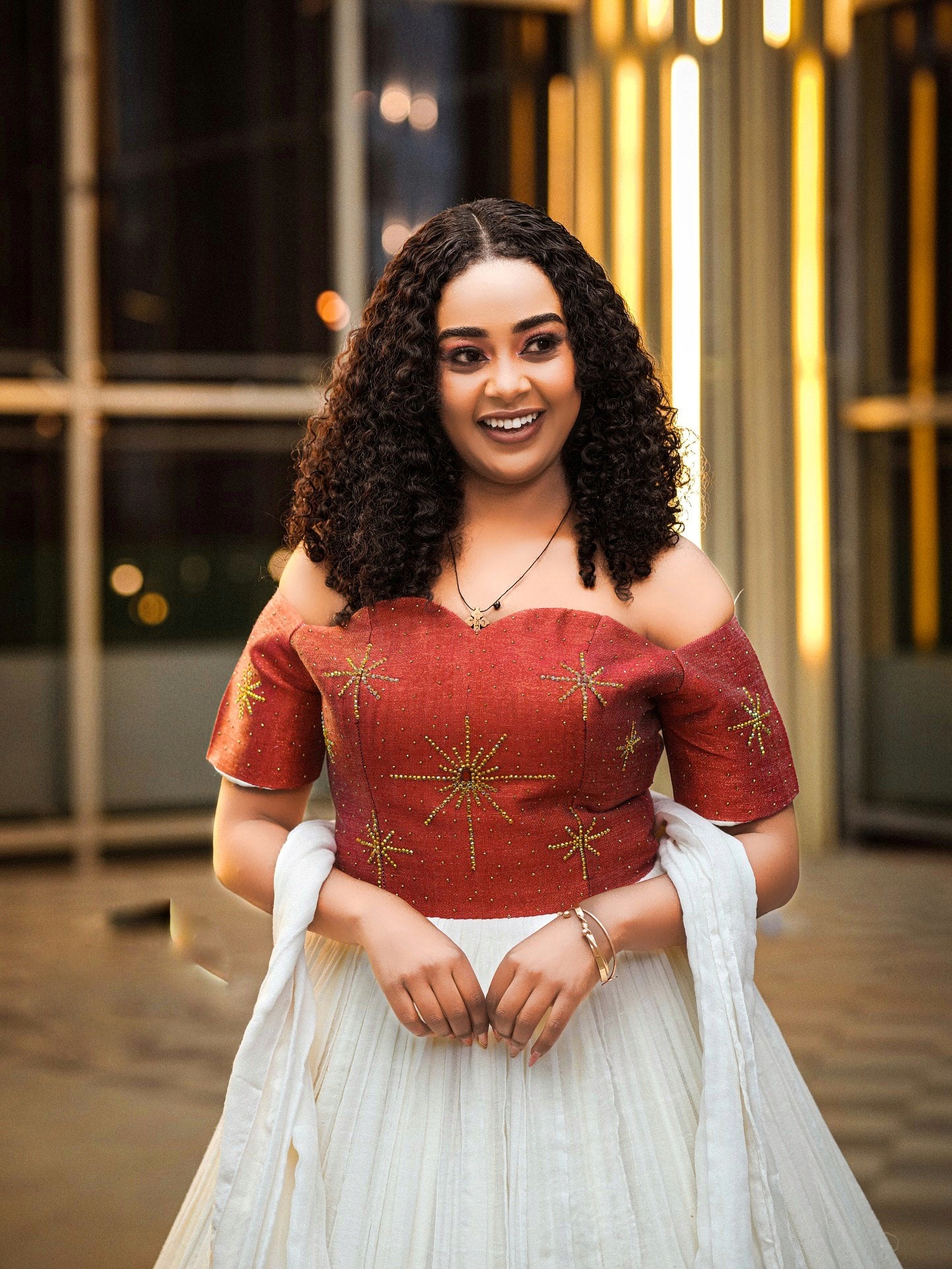 DANIELA RED-WOVEN HABESHA DRESS | OFF-SHOULDER ETHIOPIAN WEDDING DRESS | STYLISH HABESHA KEMIS