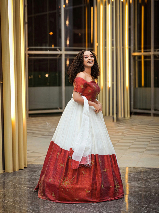 RED-WOVEN OFF-SHOULDER ETHIOPIAN WEDDING STYLE