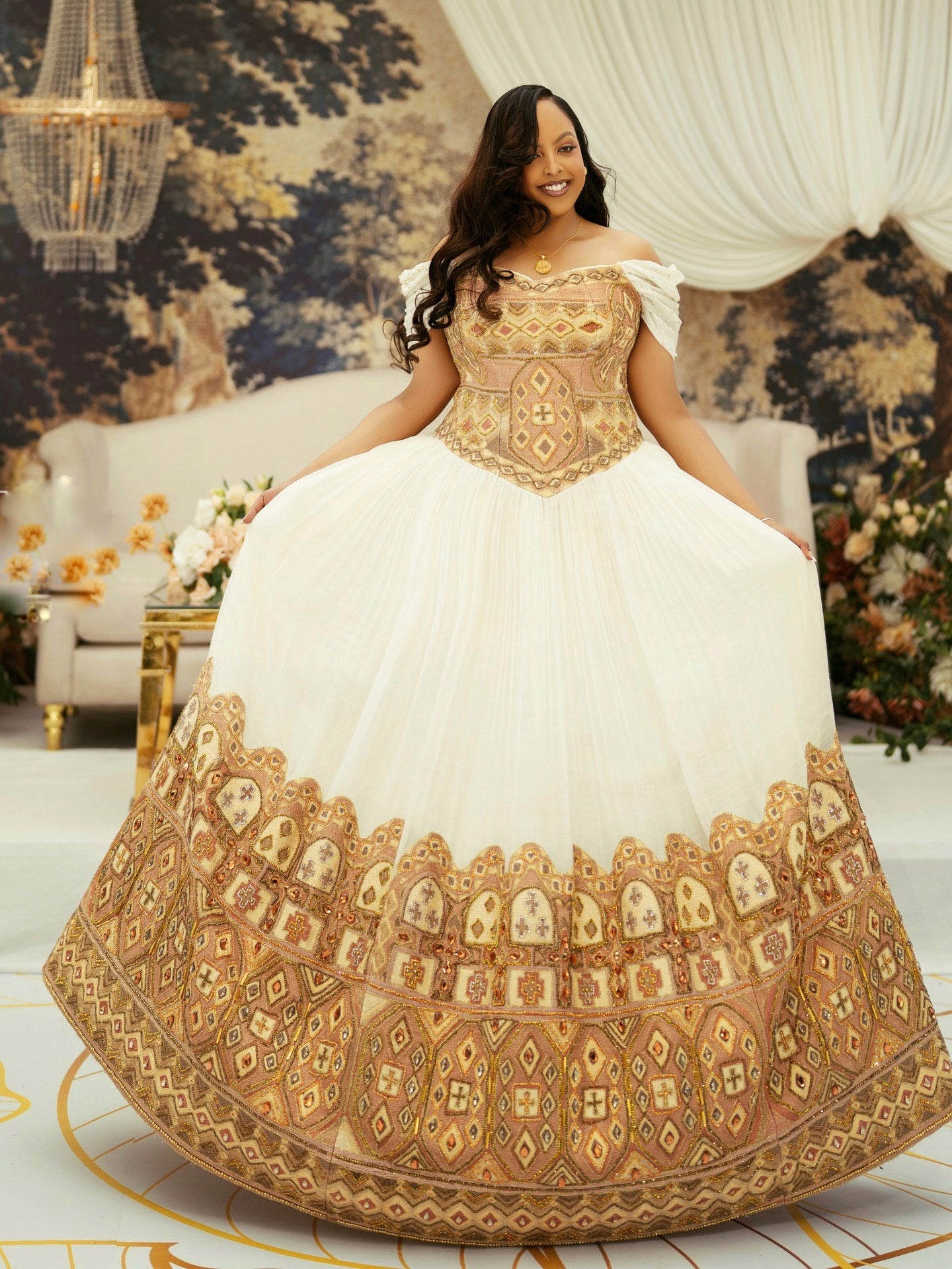 gold habesha dress Green with Gold Tibeb Habesha Dress main image 1