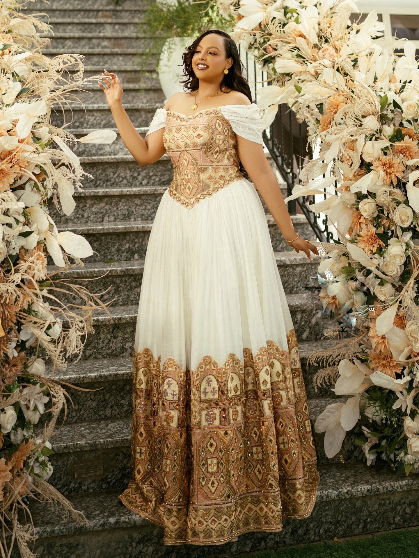LUXURIOUS GOLDEN OFF-SHOULDER HABESHA DRESS – TRADITIONAL ETHIOPIAN WEDDING DRESS 