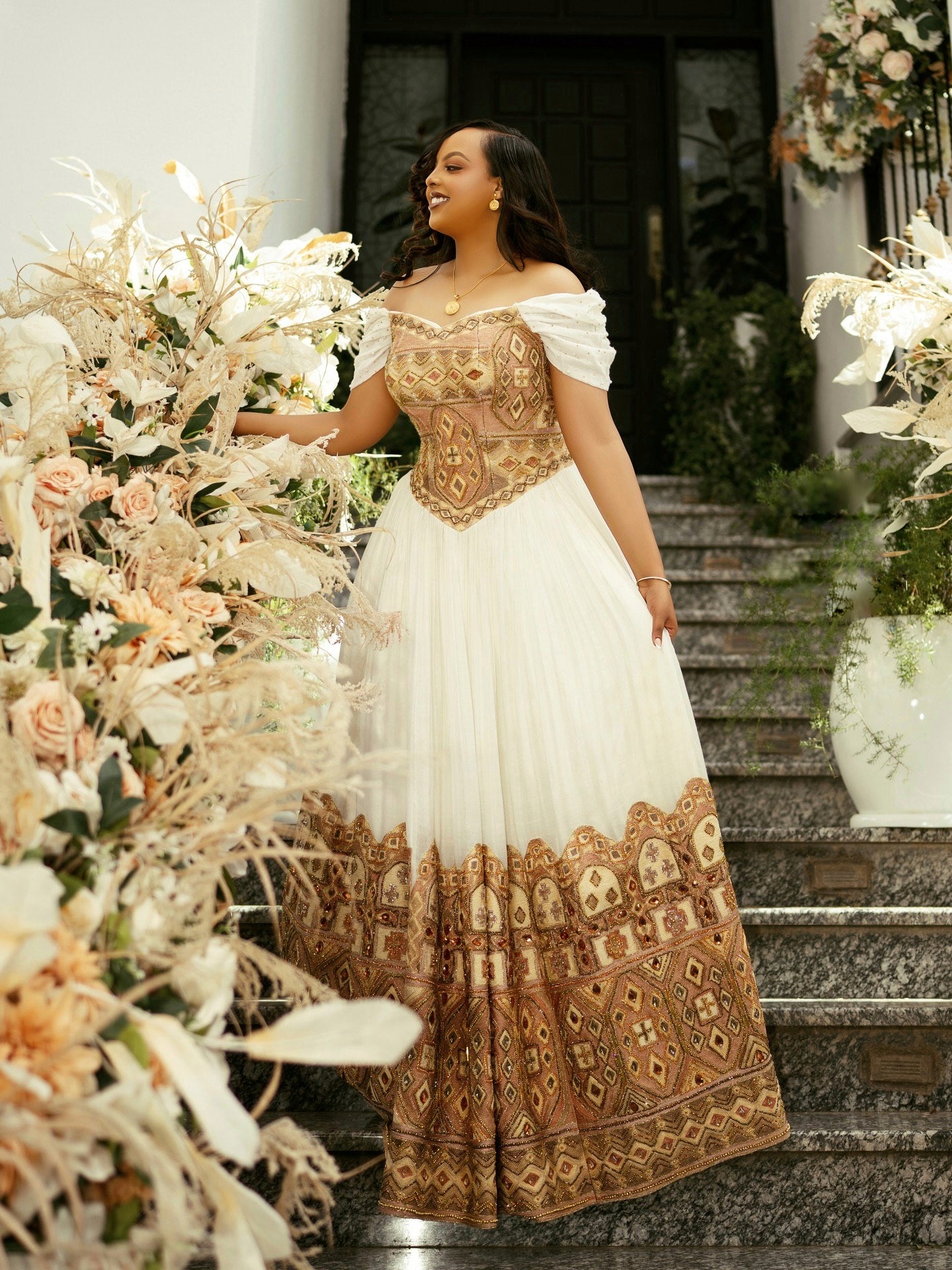 MARTHI LUXURIOUS HABESHA KEMIS | GOLDEN OFF-SHOULDER HABESHA DRESS | TRADITIONAL ETHIOPIAN WEDDING DRESS