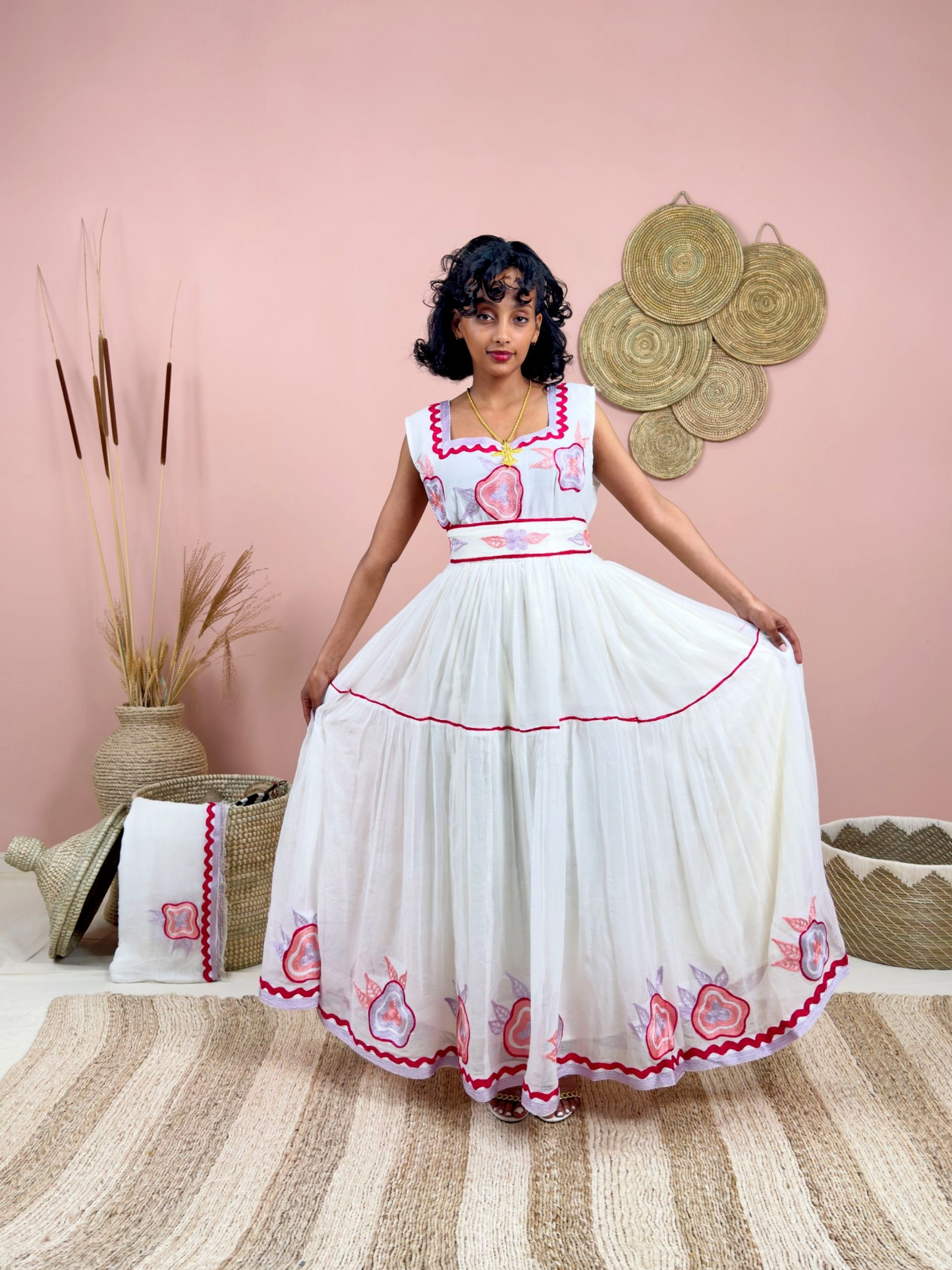Handwoven Ethiopian Dress | Habesha Kemis with Dark Pink Embroidery | Traditional White Dress | Handmade Cultural Wear Hab133