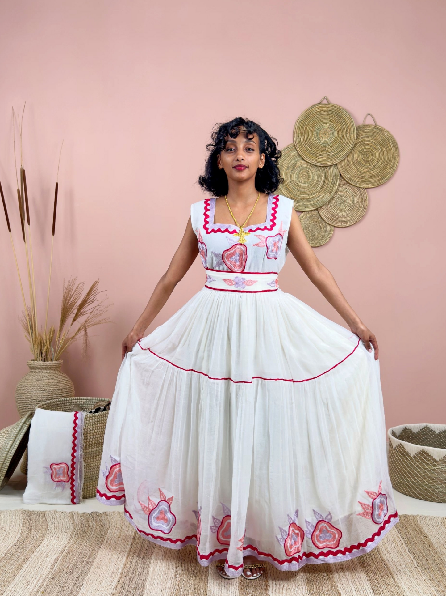 Handwoven Ethiopian Dress | Habesha Kemis with Dark Pink Embroidery | Traditional White Dress | Handmade Cultural Wear Hab133