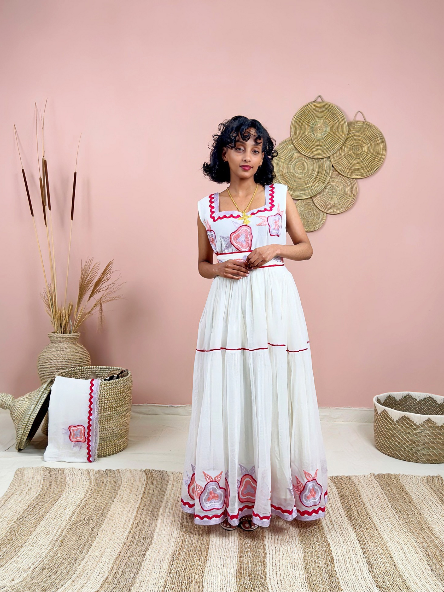 Handwoven Ethiopian Dress | Habesha Kemis with Dark Pink Embroidery | Traditional White Dress | Handmade Cultural Wear Hab133