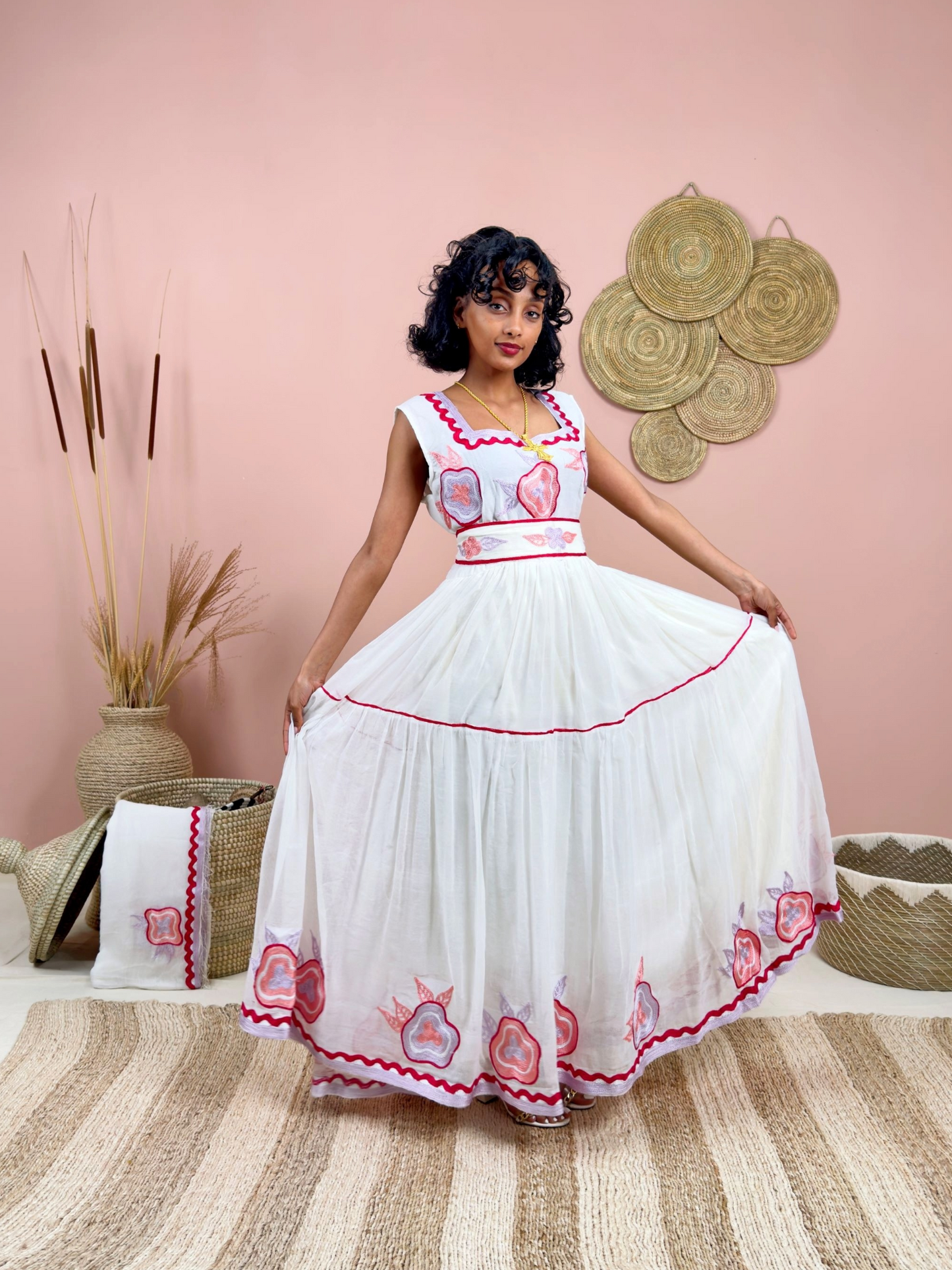 Handwoven Ethiopian Dress | Habesha Kemis with Dark Pink Embroidery | Traditional White Dress | Handmade Cultural Wear Hab133
