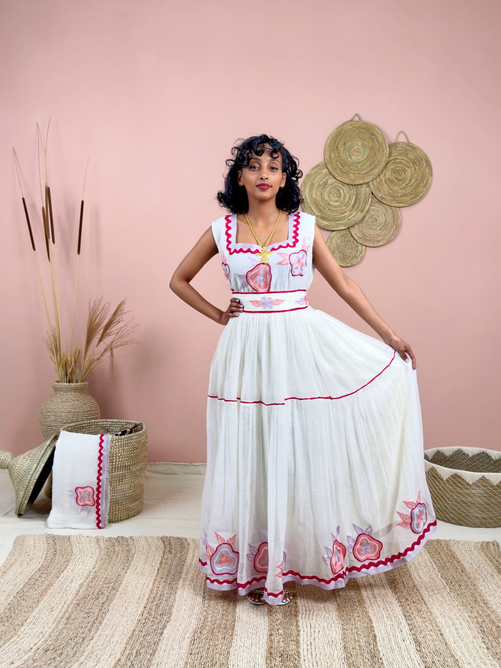 Handwoven Ethiopian Dress | Habesha Kemis with Dark Pink Embroidery | Traditional White Dress | Handmade Cultural Wear Hab133