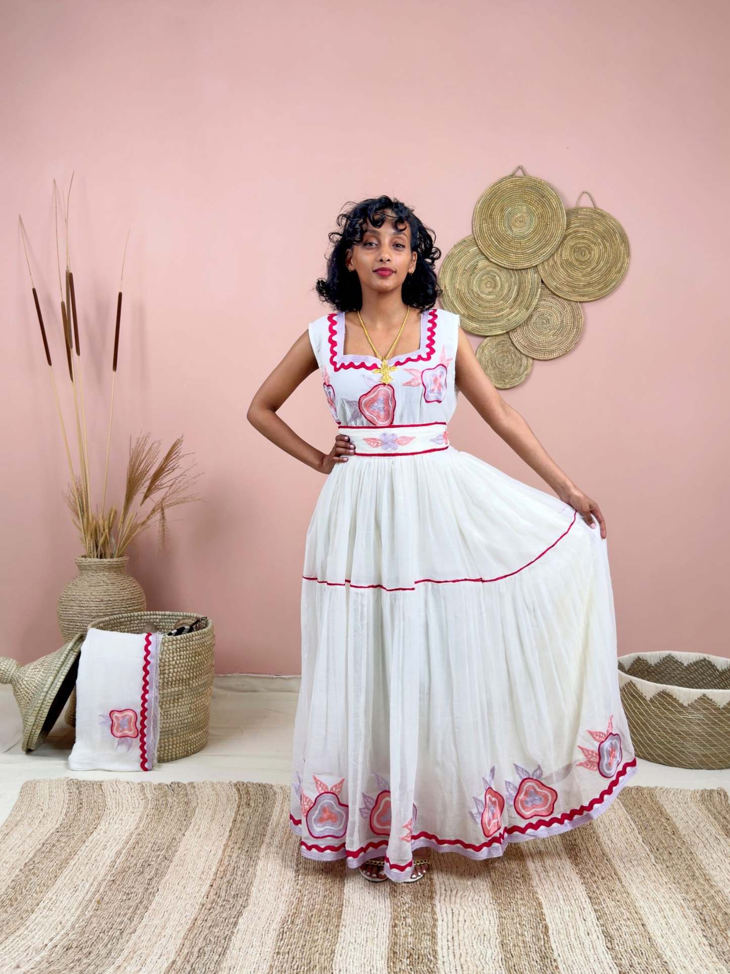 Handwoven Ethiopian Dress | Habesha Kemis with Dark Pink Embroidery | Traditional White Dress | Handmade Cultural Wear Hab133