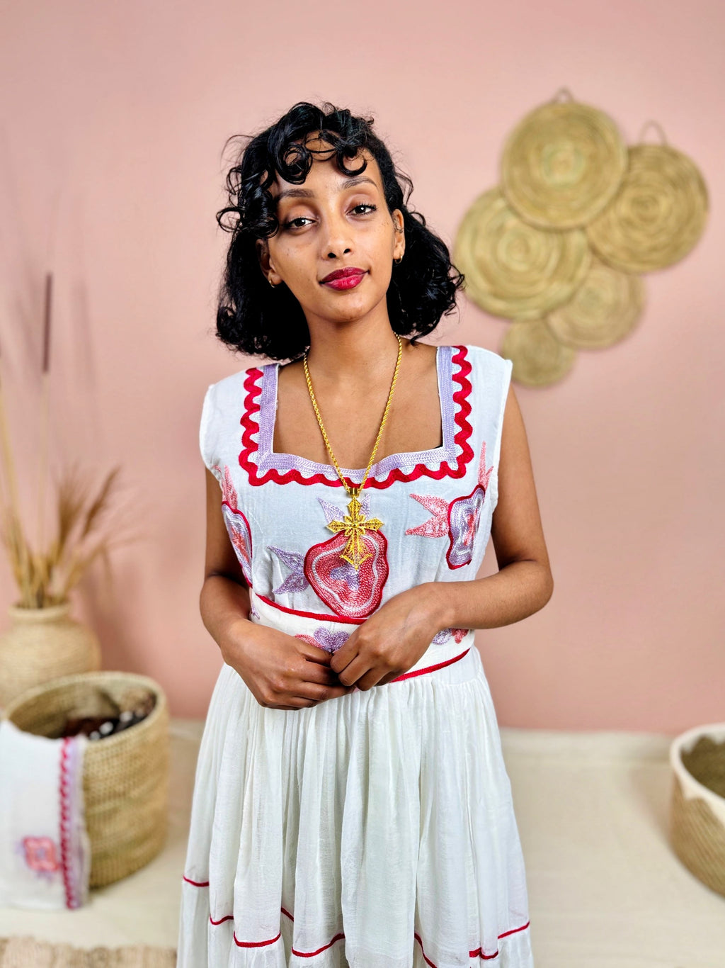 Handwoven Ethiopian Dress | Habesha Kemis with Dark Pink Embroidery | Traditional White Dress | Handmade Cultural Wear Hab133