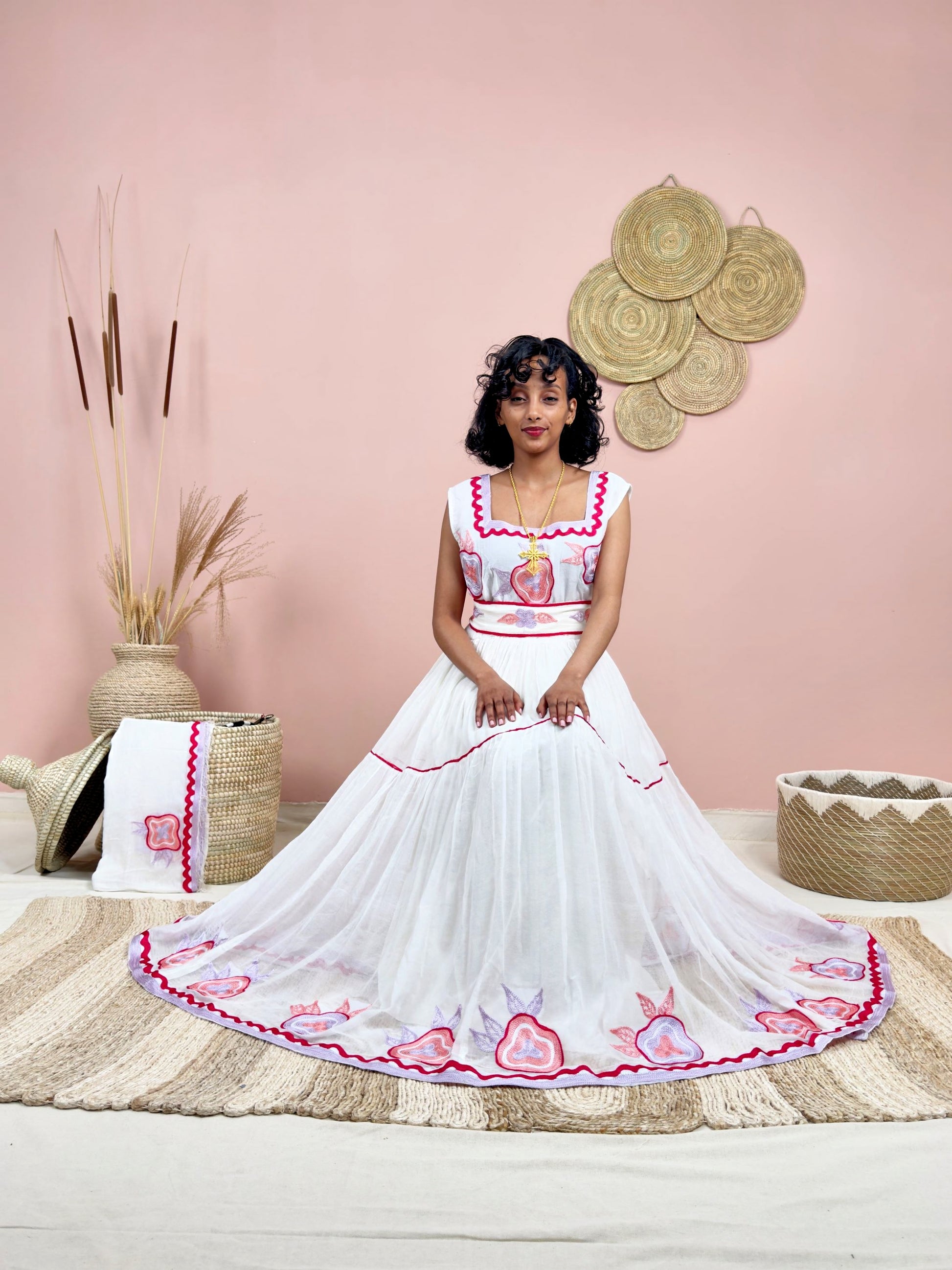 Handwoven Ethiopian Dress | Habesha Kemis with Dark Pink Embroidery | Traditional White Dress | Handmade Cultural Wear