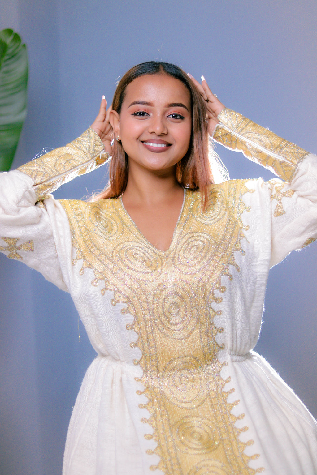 Golden Majesty V-Neck Habesha Dress | Regal Ethiopian Kemis Hab244