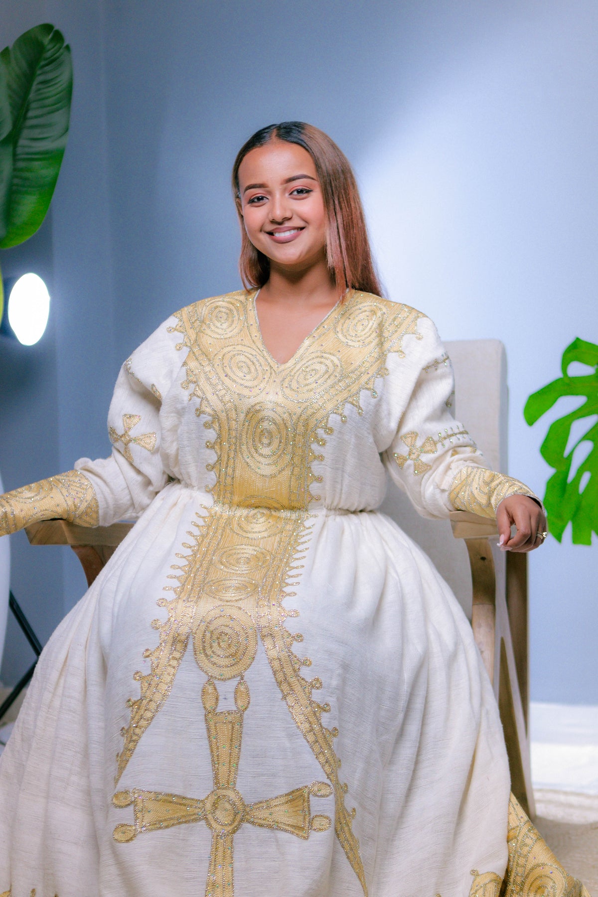 Golden Majesty V-Neck Habesha Dress | Regal Ethiopian Kemis Hab244